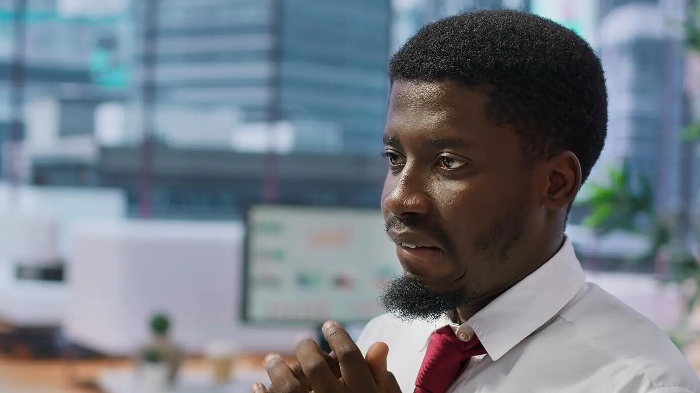 A timid, nervous candidate is anxious during a job interview with the recruitment team.